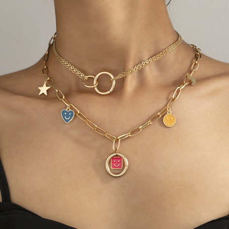 kreative quadratische Smiley-Halskette Modenähte Stern und Mond mehrschichtiger Halskettenschmuck's discount tags