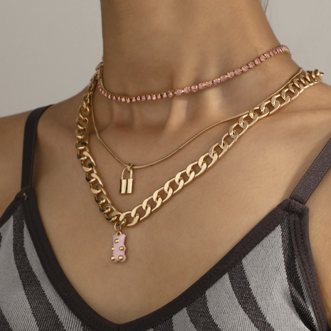 Nouveau collier ours créatif personnalité simple chaîne de griffe cadenas collier multicouche bijoux femme's discount tags