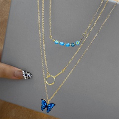 Neue kreative einfache Modeschmuck tropfende Strass Schmetterling Anhänger dreilagige Halskette