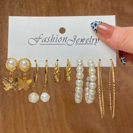 2021 bohemian style women's jewelry alloy butterfly pearl twill earrings 5-piece set wholesale's discount tags