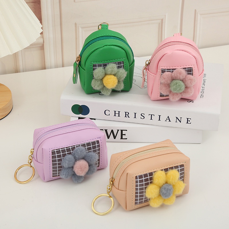 New Korean Flower Solid Color Mesh Coin Purse Zipper Mini Storage Bag PU Leather Coin Bag Small Gift Wholesale