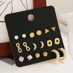 fashion rhinestone love flower geometric cube pearl ball moon earrings 9 pairs combo set