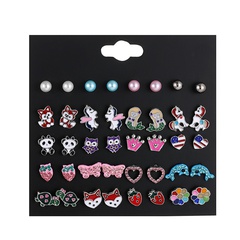 European and American Fashion Ladies Dripping Oil Blue Animal Christmas Butterfly Love Crown Strawberry Stud Earrings 20 Pairs Combination Set