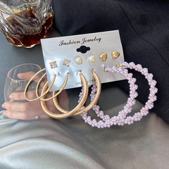 new retro geometric pearl earrings set 6-piece set creative love inlaid rhinestone earrings