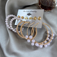 new retro geometric pearl earrings set 6-piece creative five-pointed star moon earrings