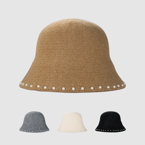 sombrero de pescador de color sólido perla mujer otoño e invierno cálido sombrero de cubo de lana de punto's discount tags