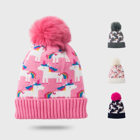 children's woolen hat autumn and winter plus velvet thickening cartoon rainbow horse jacquard woolen ball knitted hat's discount tags