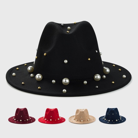 Spot sombrero de jazz británico otoño de lana de ala grande sombrero de copa decoración de perlas's discount tags