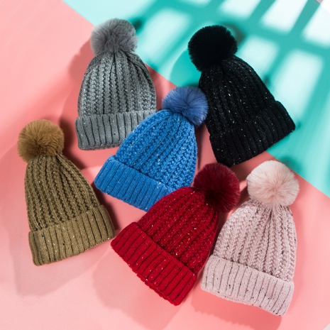 nueva bola de piel de color sólido más sombrero de terciopelo invierno cálido protección para los oídos sombrero de lana de punto capucha al aire libre's discount tags