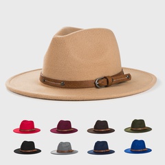 retro woolen hats for men and women monochrome belt metal buckle felt hat simple big brim jazz hat
