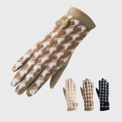 Plus velvet houndstooth glovesautumn and winter five-finger velvet gloves
