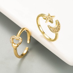 Cross-border European and American fashion star moon heart-shaped copper micro-inlaid zircon open ring