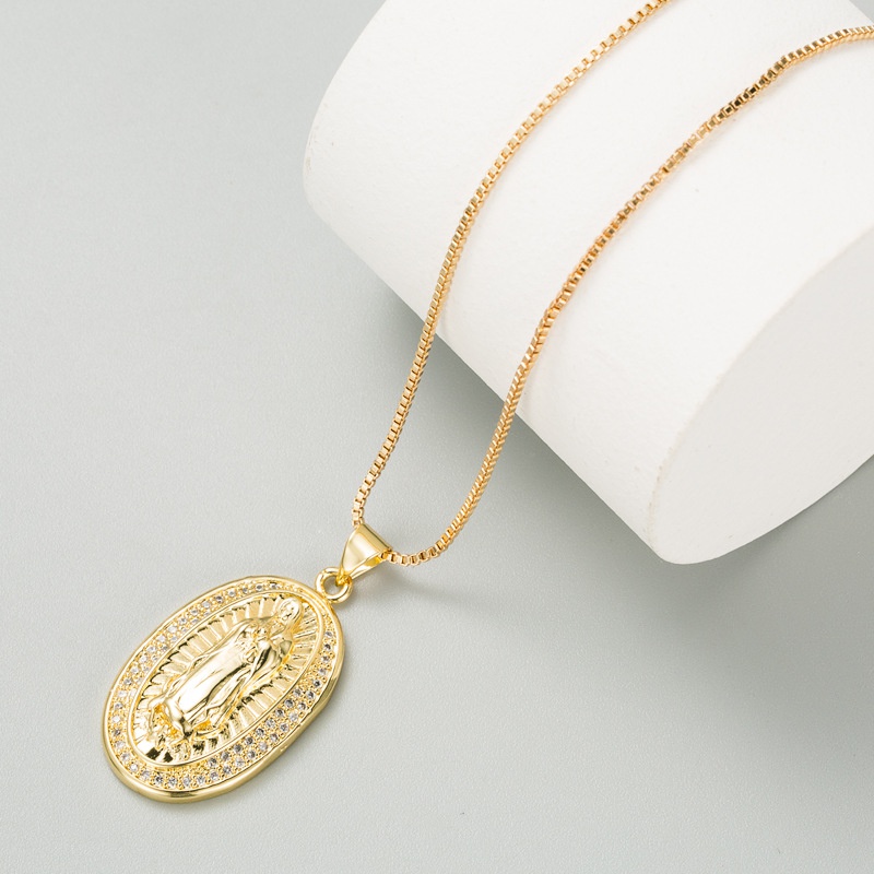 Retro Jungfrau Maria Portrt Anhnger Halskette Kupfer eingelegte Spitzhacke Stein vergoldete Schlsselbeinkette