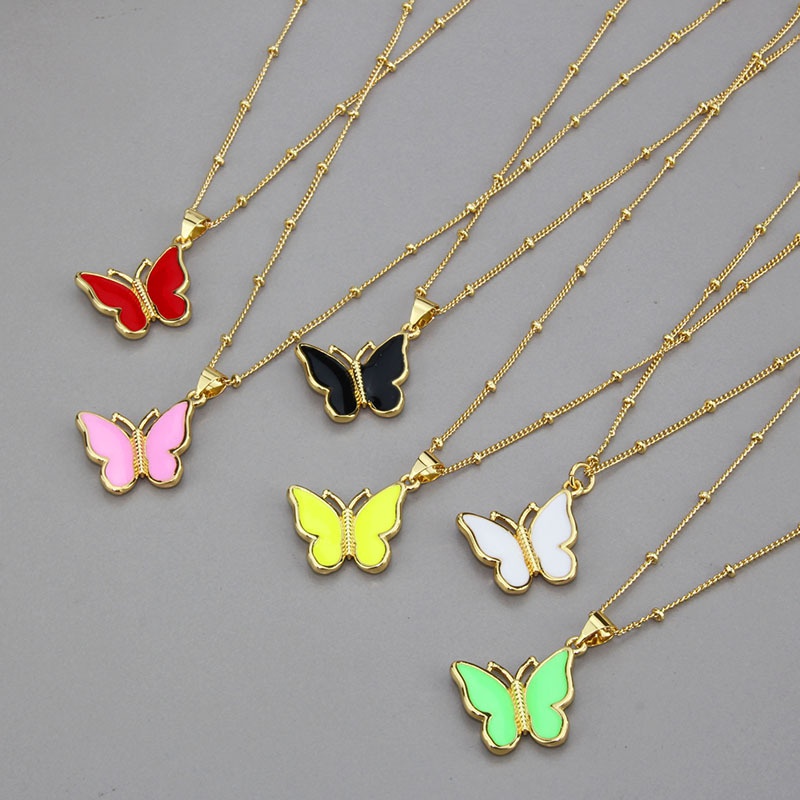 European and American Ins CrossBorder New Arrival Butterfly Necklace Womens Foreign Trade in Stock Simple Colorful Oil Necklace Copper Pendant Ornament