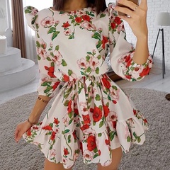 2021 European and American new printed round neck ruffle dress women's clothing