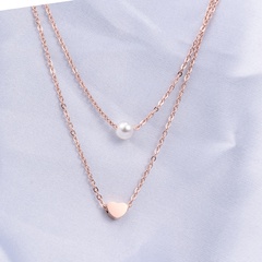 L12 Korean Style Double-Layer Titanium Steel Necklace Pearl Small Heart 18K Rose Gold Clavicle Chain Female