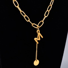 fashion lock chain M letter tassel disc necklace clavicle chain titanium steel plated 18K gold