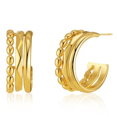 Boucles d'oreilles en or véritable plaqué cuivre 18K perles rondes Boucles d'oreilles unies en forme de C multicouches en demi-cercle