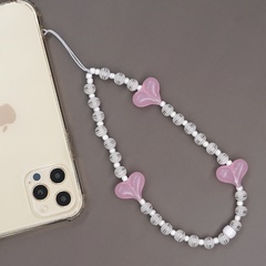 perles de riz en verre simples 8mm perles à rayures blanches gelée rose pêche coeur anti-perte chaîne de téléphone portable