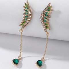 925 Silver Needle Vintage Green Rhinestone Angel Wings Earrings European and American Ins Fashion Elegant Graceful High-End Long Earrings