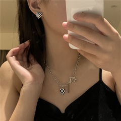 Trend Checkerboard Series Necklace Earrings Simple Fashion Drop Oil Heart Pendant Clavicle Chain