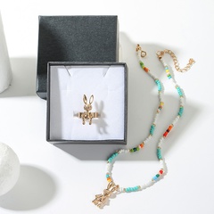 Bohemian Animal Rabbit Rice Bead Ring Necklace Set Pendant Jewelry