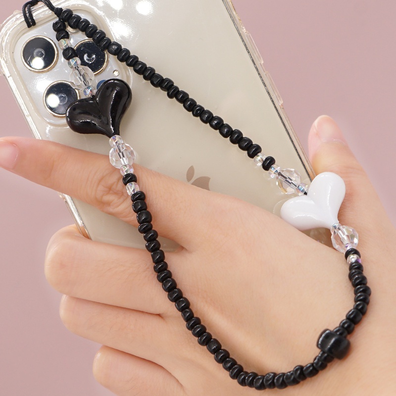 perles de riz noires simples perles de couleur noire et blanche assorties coeur de pche chane de tlphone portable perle  la main