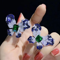 Exaggerating Unique Fashion Butterfly Opening Ring Heavy Industry Super Fairy Micro-Inlaid Diamond Emerald Cutting Colored Gems Ring