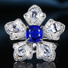 Tik Tok Live Stream New Simulation Royal Sapphire Colored Gems Ring Heavy Industry Luxury Exaggerated Flower-Shaped Open Ring