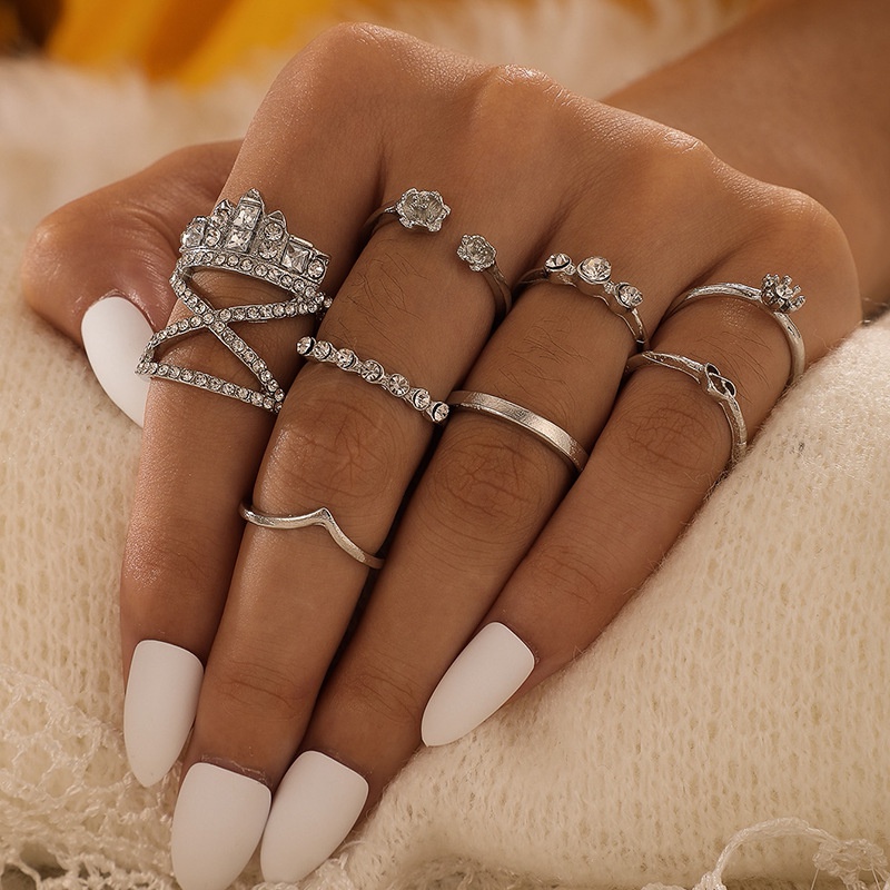 Europe and America Cross Border Twin Fashion Ornament Silver DiamondStudded Ring EightPiece Set Irregular Open Ring Set