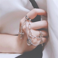 European and American exaggerated alloy two-finger conjoined chain ring hip hop cross open ring