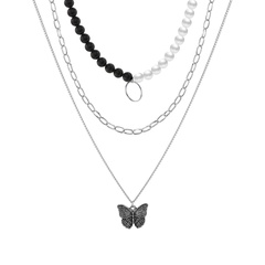 Cross-border creative simple color matching multilayer black and white pearl butterfly pendant necklace 3-piece set
