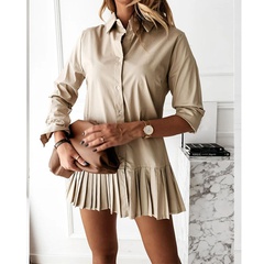 Fall 2021 new solid color stand-up collar single-breasted long-sleeved ruffle dress women's clothing