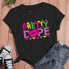 Women's casual short-sleeved T-shirt with colorful letters lip printing