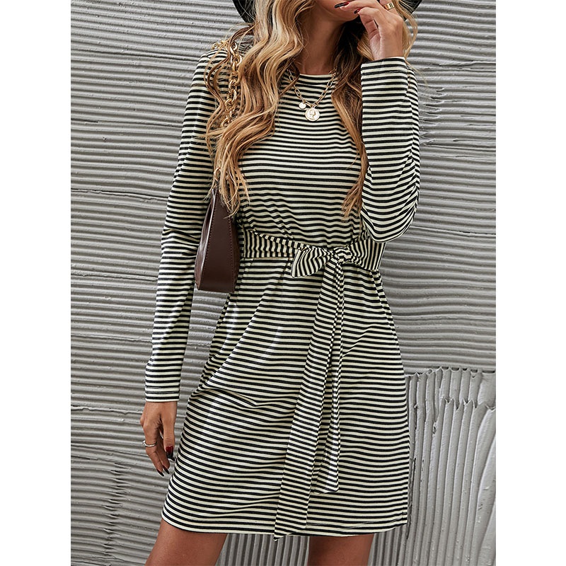 Fall New Round Neck Striped Long Sleeve Laceup Dress