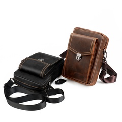 Retro First Layer Cowhide Man Waist Mounted Mobile Phone Bag Crazy Horse Leather Shoulder Messenger Bag Belt Small Saddle Bag New
