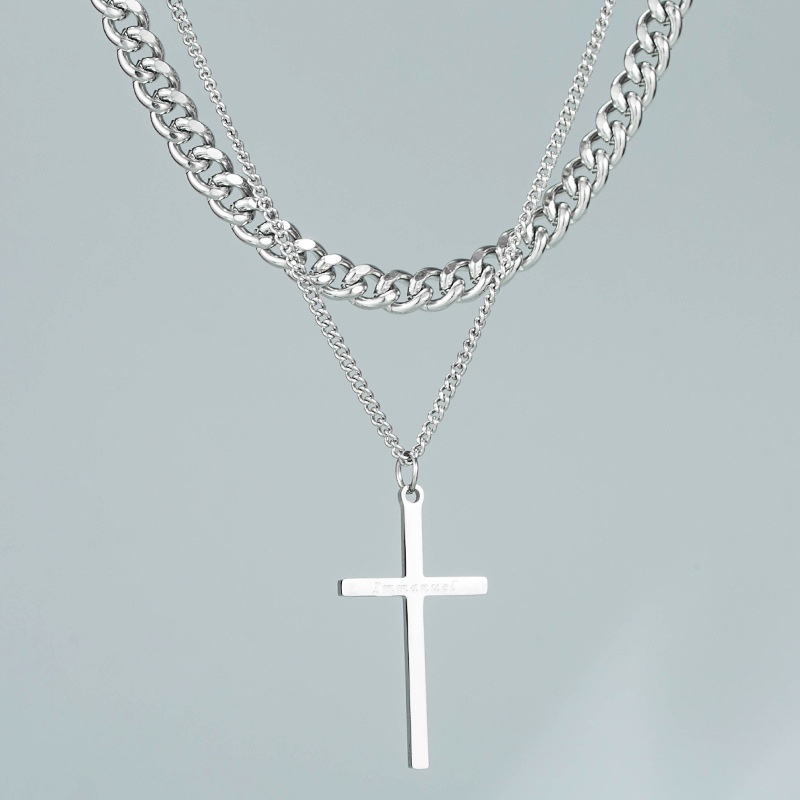 Trendy Design Sense Internet Celebrity Same Style Personality Cross Double Layer Twin Necklace AllMatch Cold Sweater Chain Accessories