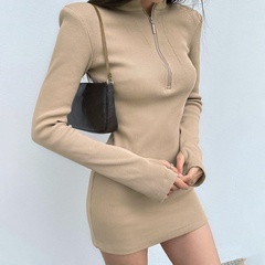 Women's 2021 new autumn and winter fashion high-neck zipper long-sleeved finger sleeve dress