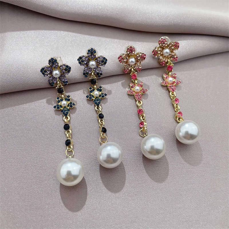 personality Japan and South Korea new flower color diamond microinlaid earrings pearl pendant earrings long earrings
