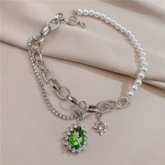 Niche Vintage Pearl Necklace Rhinestone Chain Combination Green Water Drop Rose Necklace Sweater Autumn and Winter High-End