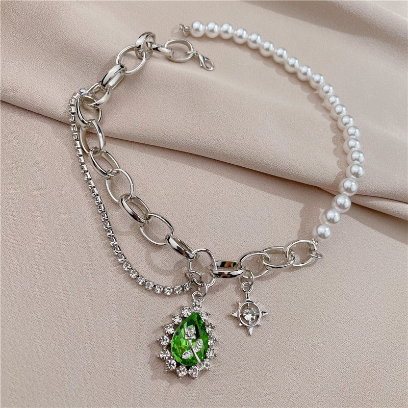 Niche Vintage Pearl Necklace Rhinestone Chain Combination Green Water Drop Rose Necklace Sweater Autumn and Winter HighEnd