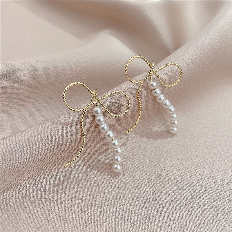 Tongfang Ornament Silver Needle Full Diamond Bow Earrings Female Temperament Long Fringe Earrings Pearl New Fashion Earrings