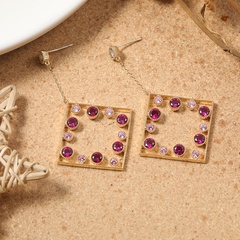 Brass material electroplated real gold square inlaid rose red crystal personalized earrings