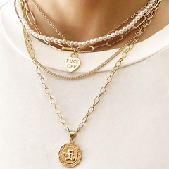 Japan and South Korea Sweet Fashion Personality Angel Heart Pendant Multilayer Imitation Pearl Female Necklace
