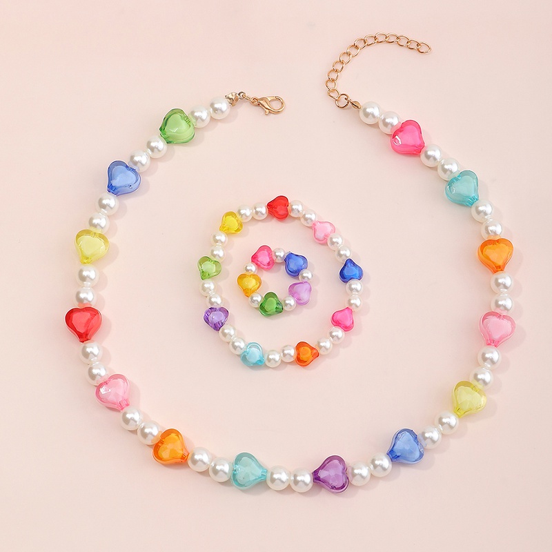 Heart Color Rice Bead Necklace Bracelet Ring Set