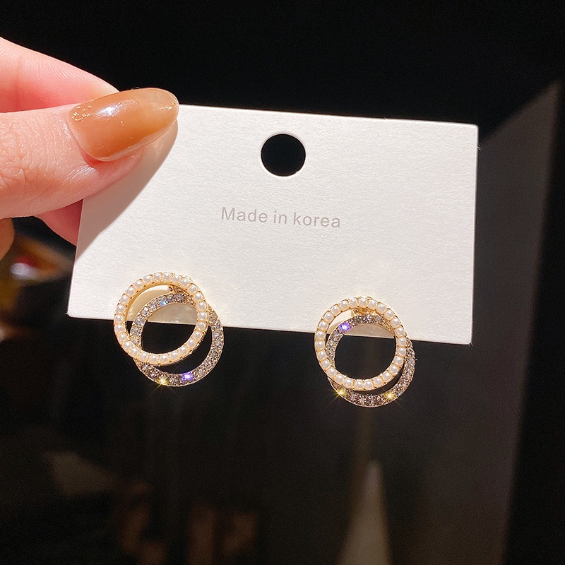 Korea New Double Circle Earrings Allmatch High Quality Full Diamond Pearl Earrings Personalized Copper Earrings