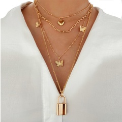 golden butterfly pendant necklace creative stacking multi-layer clavicle chain heart lock pendant alloy necklace