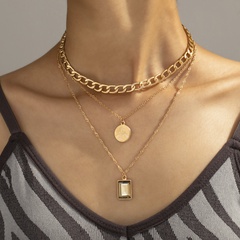 new fashion simple disc necklace personality retro square diamond pendant multi-layer sweater chain