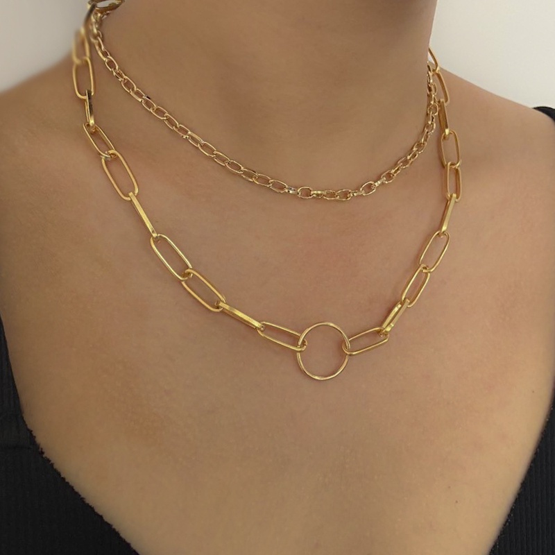 new personality retro round necklace fashion simple alloy hollow gold and silver multilayer necklace