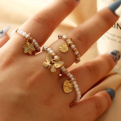 Rz0663 Nizhu Elegant Pearl Stretch Little Finger Ring Minimalist Creative Small Golden Beads Butterfly Love Pendant Ring